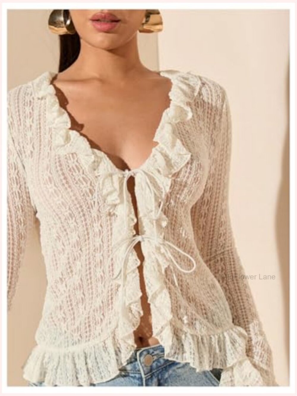 Lace Tie Front Ruffle Top Deep V Neck Sheer Bell Sleeve Going Out T-Shirt - Picture 3 of 5